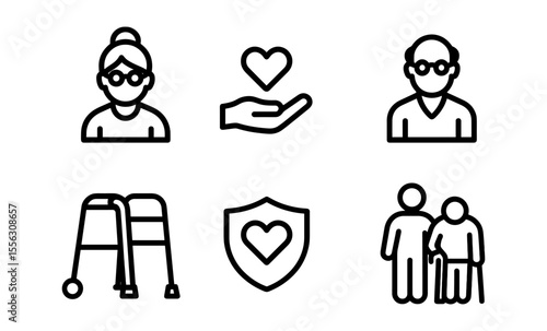 Senior care icons: elderly support, health, and companionship symbols