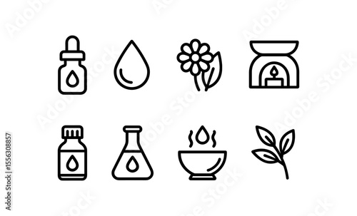 Aromatherapy icon set featuring essential oils, flowers, and diffuser designs