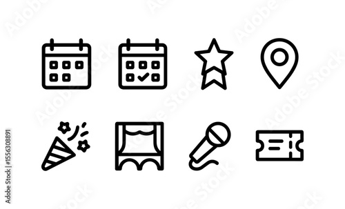 Event planning icons: calendar, star, location, celebration, stage, microphone, ticket