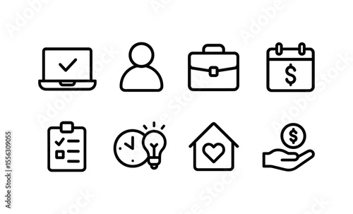 Freelancing icons: laptop, user, briefcase, calendar, checklist, clock, lightbulb, house, money