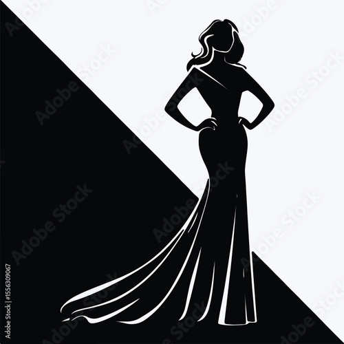 Black and white silhouette of a woman wearing a glamorous long gown