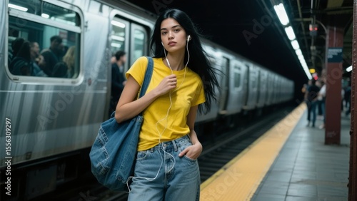 A person wearing a yellow shirt and headphones stands on a subway platform, holding a bag.