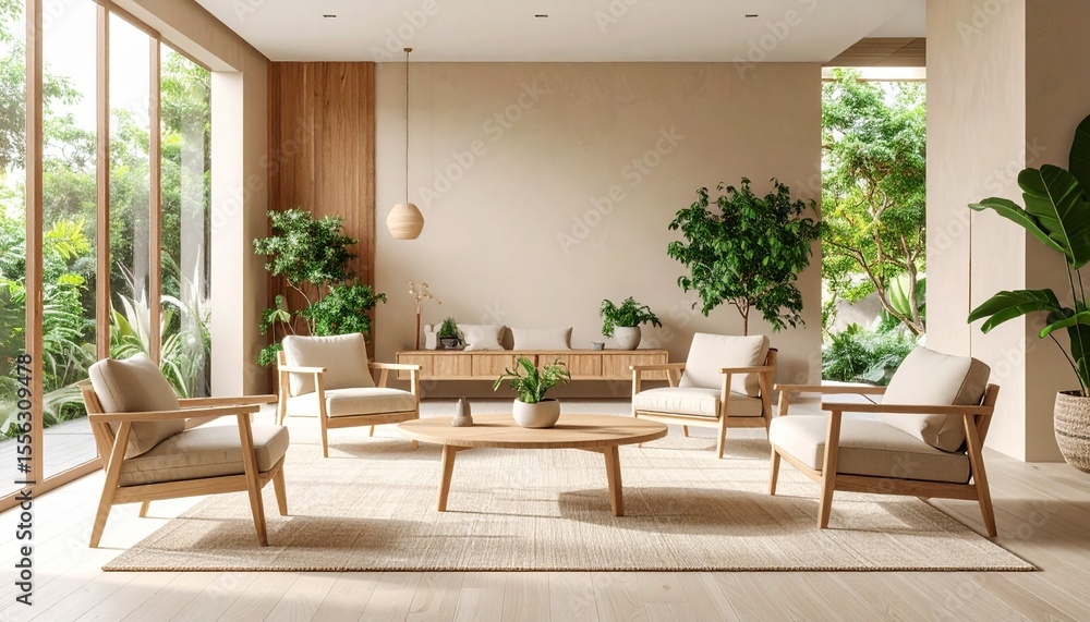 Fototapeta premium Inviting living room showcasing wooden floor and cozy white rug for comfortable space