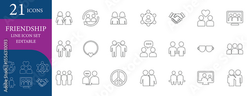 Modern line icons representing friendship, unity, teamwork, and human connection. Perfect for social apps, communities, and relationship-based designs