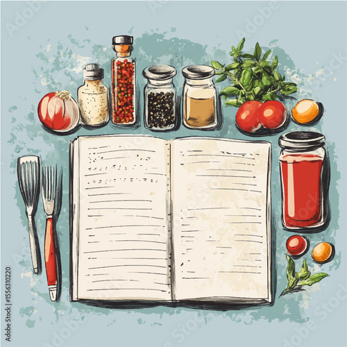 Cookbook card with spices and cutlery, book page for writing, notebook