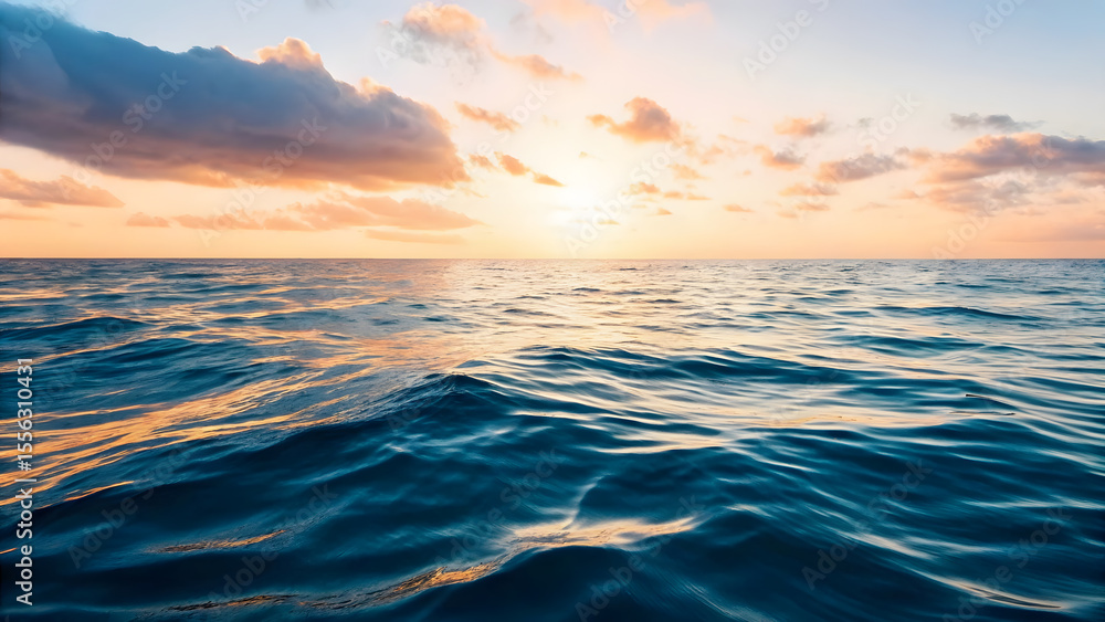 Obraz premium Ocean waters ripple gently under a vibrant sunset sky, bathed in soft pastel hues of pink, orange, and blue.