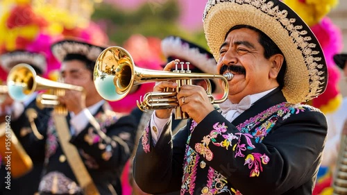 Vibrant mariachi band performance: trumpeter in festive parade with colorful costumes