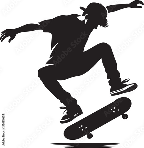 A bold and artistic silhouette of a skateboarder executing a trick, reflecting energy, creativity, and the dynamic nature of skateboarding culture.