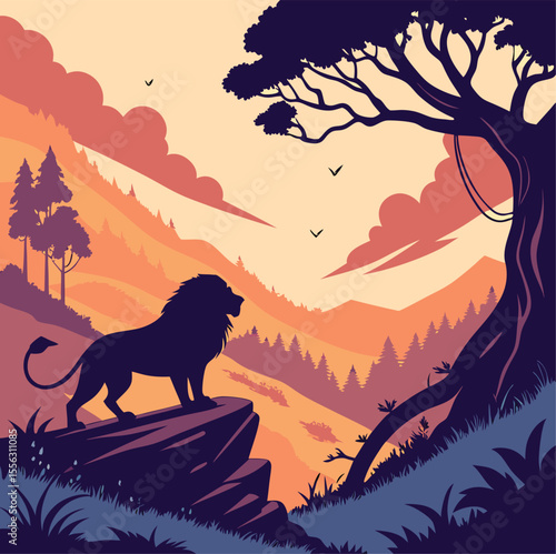 Canvas Print Wild animals like wolves and lions in a forest or woods, silhouetted by the sunset or sunrise, with trees and the sky in the background, can be a striking nature illustration or vector