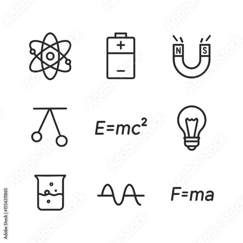Science physics icons simple vector set. Outline symbols. Line design