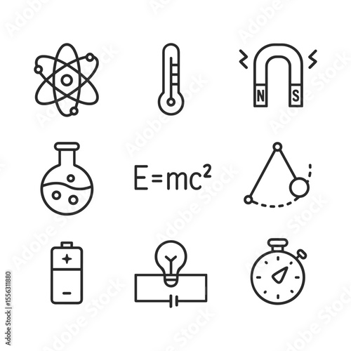 Academic physics icons vector set. Outline symbols. Line design