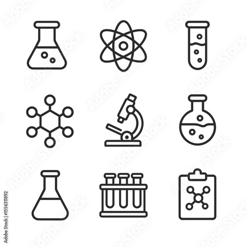 Chemistry icon collection with lab equipment symbols. Outline symbols. Line design