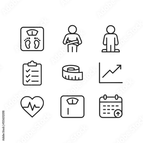 Weight tracker icons with scales and fitness symbols. Outline symbols. Line design
