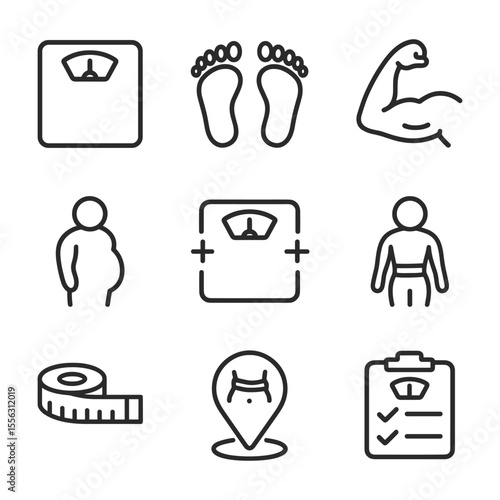 Simple weight tracking icons with health symbols. Outline symbols. Line design