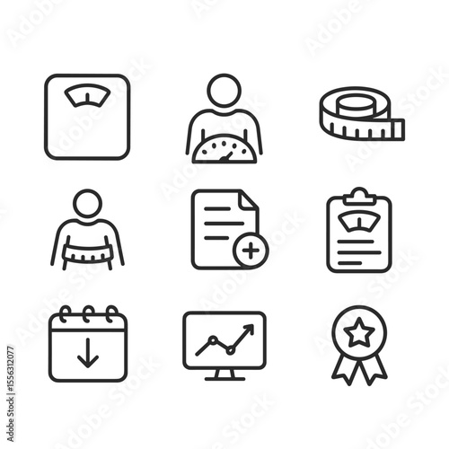 Weight control simple icons set. Outline symbols. Line design