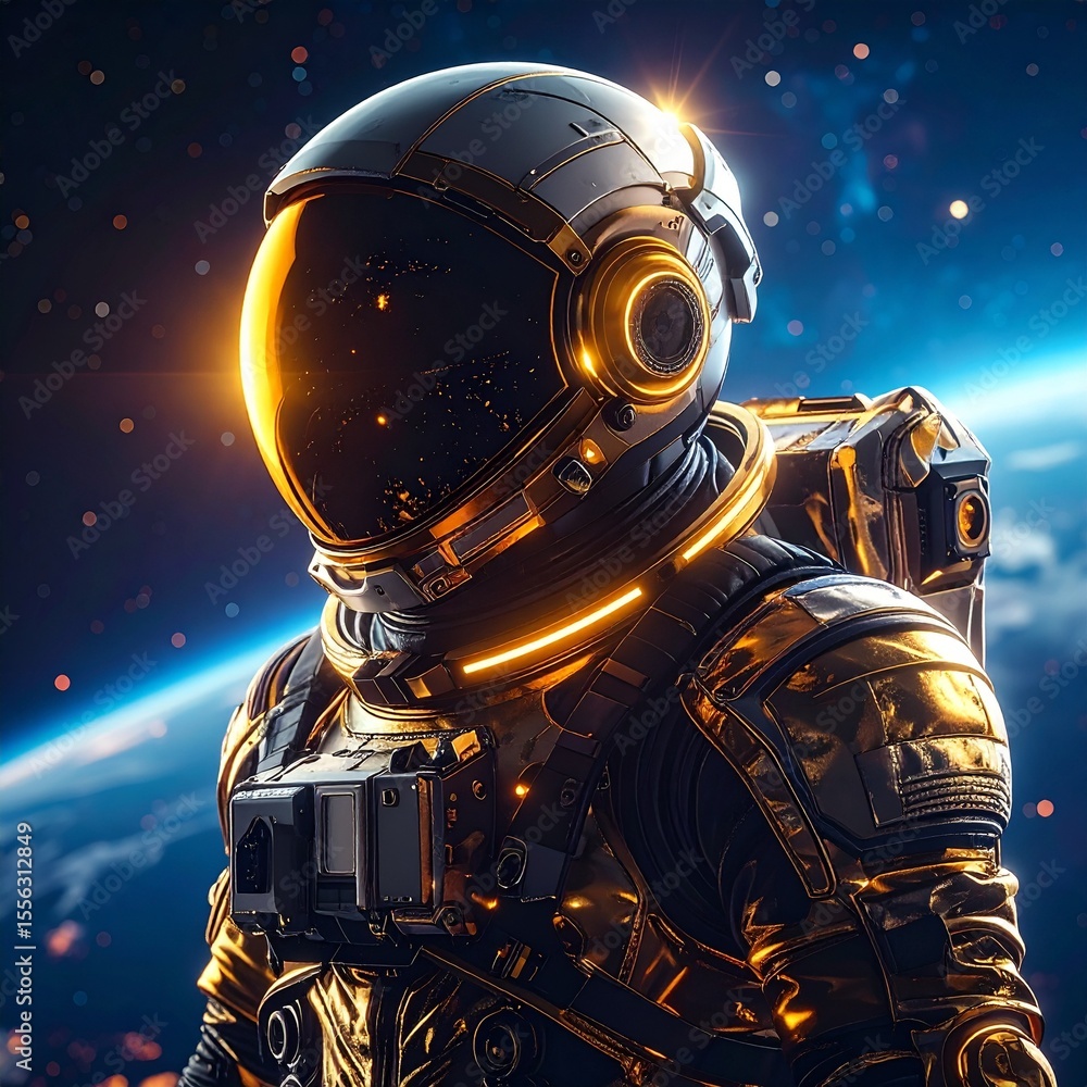 Fototapeta premium Radiant gold space suit and helmet glowing brightly in a futuristic sci-fi environment