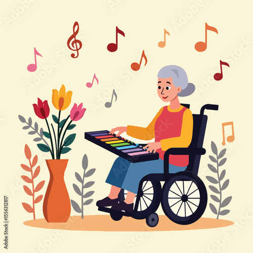 Vector illustration for National Day of Arts in Care Homes with abstract art, elderly creativity, healing symbols, artistic therapy, and intergenerational connection in flat design