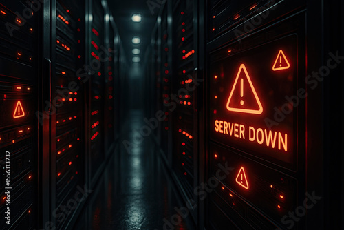Critical Server Down Alert Inside Dark Data Center Corridor