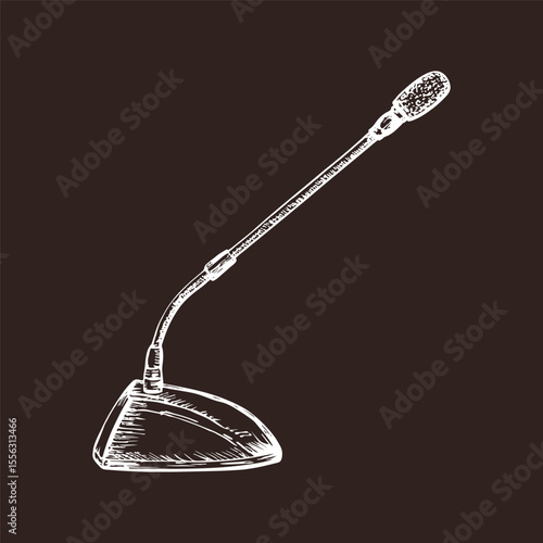 A microphone for presentation speech - hand drawn illustration. Sketch drawing of a mic on a stand, engraving style vector clipart, isolated