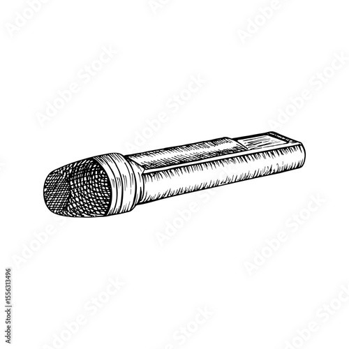 An outline sketch illustration of a microphone. Hand-drawn vector clipart in engraving style. Drawing of a mic - modern equipment for concert, podcast, presentation, isolated
