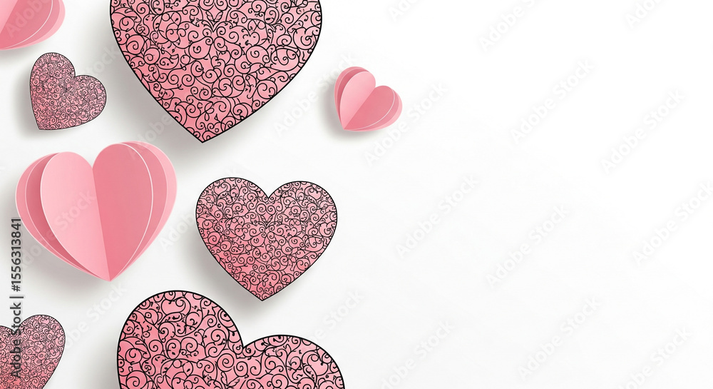 Obraz premium Pink paper hearts with decorative patterns on white background