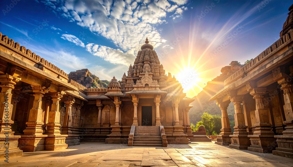 Fototapeta premium Dramatic worms eye view of majestic temple with sunset sky at historic location in india