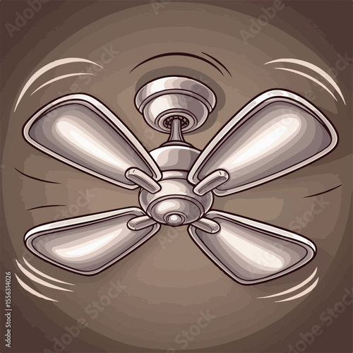 "Create a flat-style vector illustration of a ceiling fan in a cartoon style. Use brown or metallic tones with simple blades and subtle motion effects."


