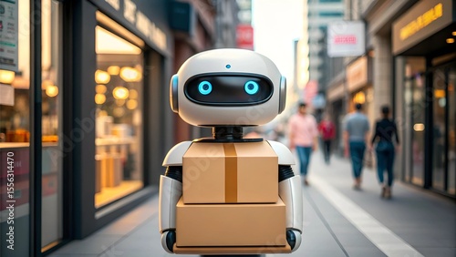autonomous delivery robot concept A robot courier stands in a busy urban street, surrounded by pedestrians and shops.