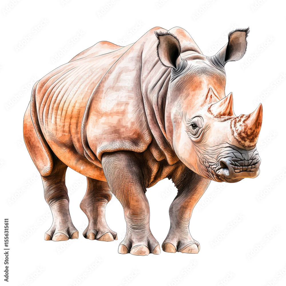 Obraz premium Realistic detailed illustration of a large rhinoceros with textured skin and prominent horn set against a white background
