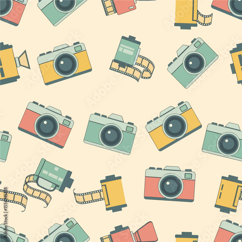 A playful retro pattern featuring scattered vintage cameras and unspooling film rolls illustrated in a nostalgic color palette of teal, yellow, and salmon. Vector Patterns
