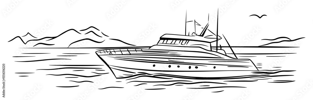 Naklejka premium yacht on the sea with mountain background vector sketch