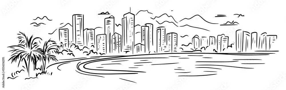 Obraz premium tropical cityscape with beach and skyscrapers vector sketch