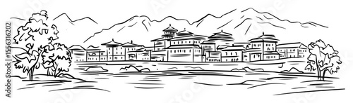 mountain village with traditional asian architecture vector drawing