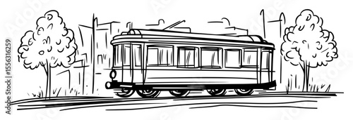 vintage tram on city street hand drawn vector illustration