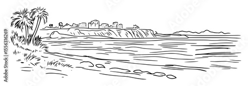 coastal landscape with cliffs and palm trees hand drawn vector
