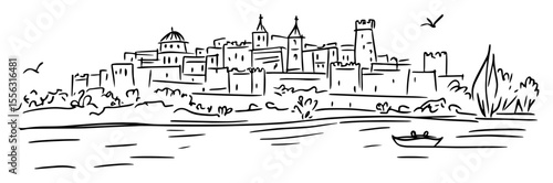 medieval european castle town hand drawn vector drawing