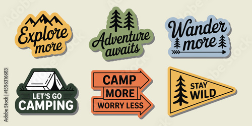Vintage style camping adventure badge set

