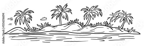 tropical island with palm trees hand drawn linear vector illustration