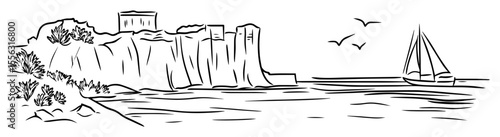 castle on cliff with sailboat coastal scene hand drawn linear vector illustration