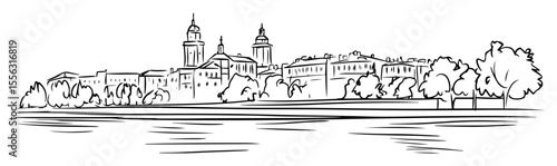 wawel castle in krakow poland by river hand drawn linear vector illustration