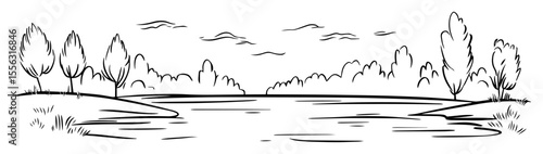 peaceful lake with trees and clouds hand drawn linear vector illustration