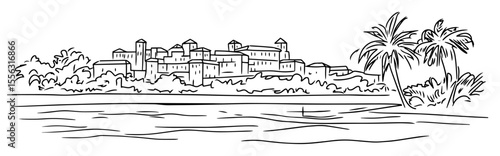 old mediterranean coastal town with palm trees vector linear sketch illustration
