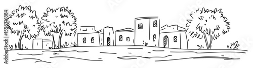 traditional adobe village with trees and open space vector linear sketch illustration