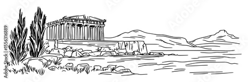 parthenon on acropolis athens greece vector linear sketch illustration