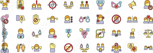Set of vector icons representing concepts related to gender equality, sexism, discrimination, and gender stereotypes, useful for websites and applications