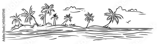 tropical island coast with palm trees and clouds vector linear sketch illustration