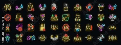 Bright neon icons highlighting various aspects of gender equality, discrimination, and related social issues