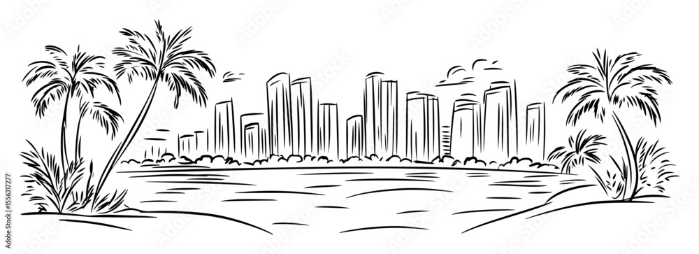 Obraz premium miami skyline with palm trees and beach vector line sketch