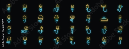 Different types of microphones glowing with neon light, ideal for representing music, podcasts, or broadcasting