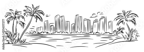 miami skyline with palm trees and beach vector line sketch